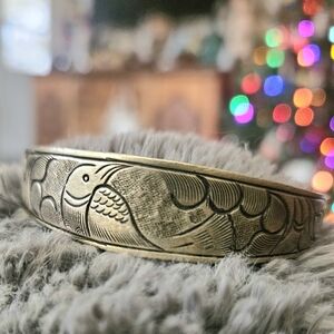 Etched Bird Bangle Bracelet  W Brass Charms Vintage Silver Tone Antique